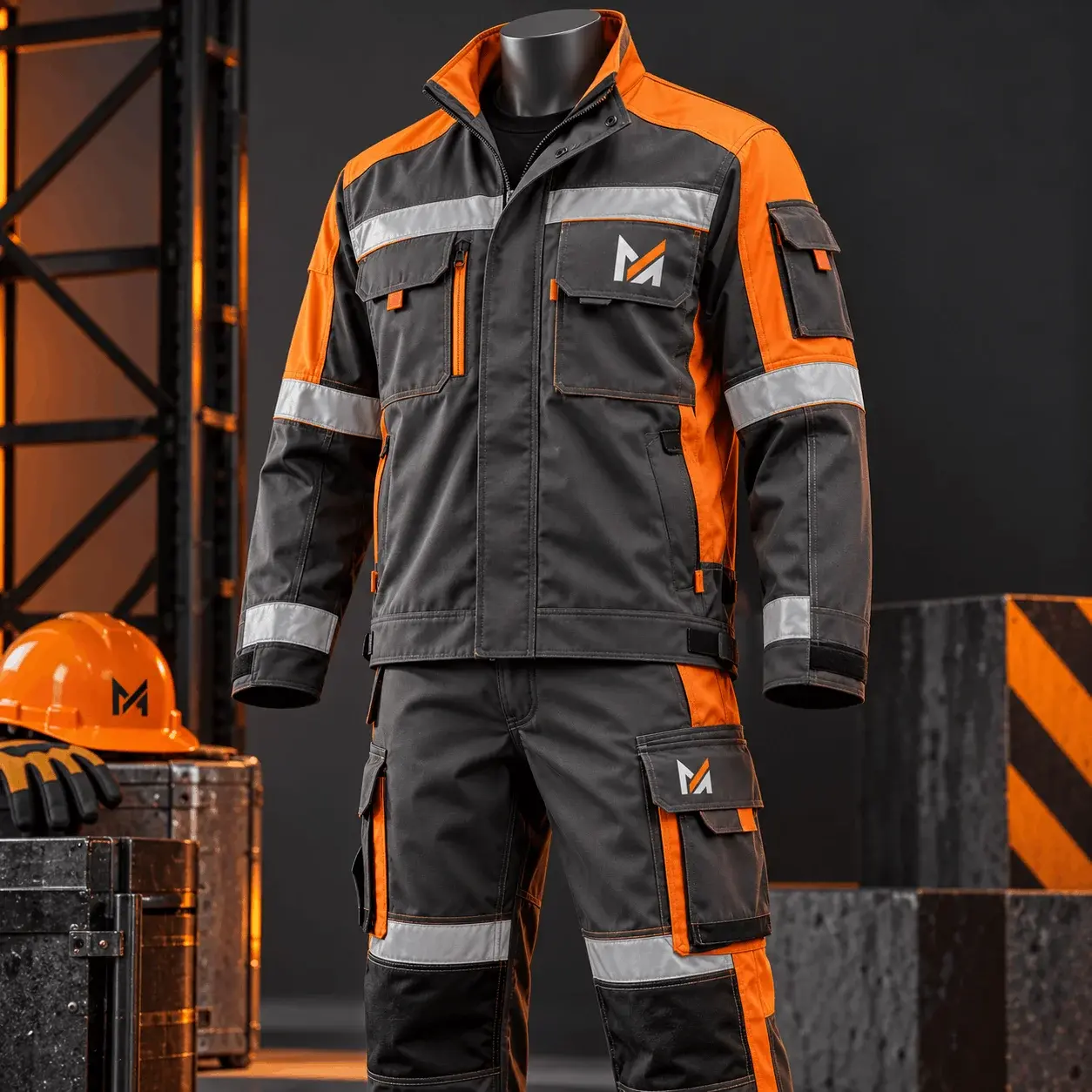 Construction and industrial work uniform displayed on a mannequin, featuring a charcoal and orange work jacket, matching cargo trousers, reflective safety strips, utility pockets, and Mega Apparel branding in an industrial setting.